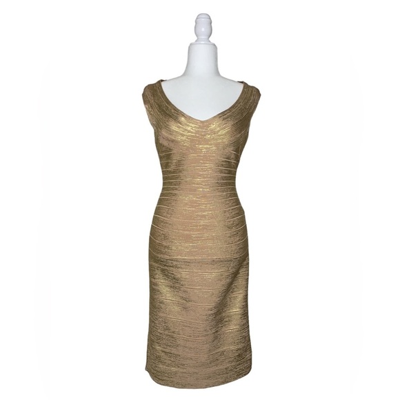 Herve Leger Gold Foil Scoop Neck Bandage Dress - Picture 3 of 10